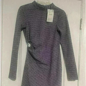 NEW Zara Purple Jacquard Printed Open Back Mini Dress Long Sleeves crew Small